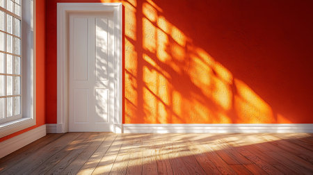 Empty room with orange wall and wooden floor, 3d render.の素材