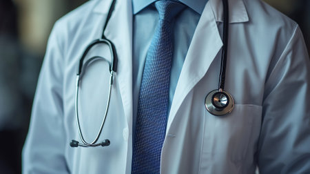 Close up of a doctor with a stethoscope in a hospitalの素材