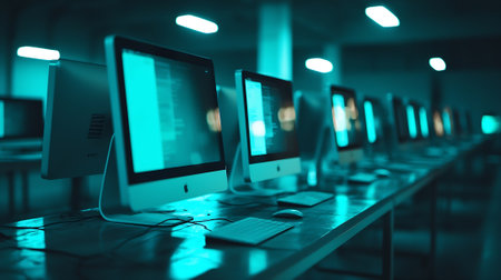 Row of computer monitors in a row. 3d rendering toned imageの素材