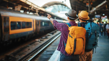 Back view of young man traveler with backpack and hat looking at train at railway stationの素材