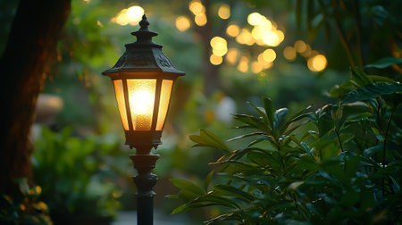 Lantern in the garden at sunset time. Selective focus.の素材