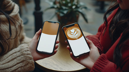 Two young women in a cafe. They are holding smartphones with the image of a coffee latte art on the screen.の素材