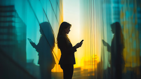 Silhouette of businesswoman using smartphone in the city at sunsetの素材