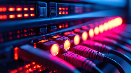 close up of network cables connected to switch in technology data center roomの素材