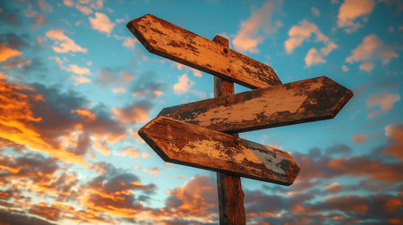 Wooden signpost on sunset sky background. Conceptual image.の素材