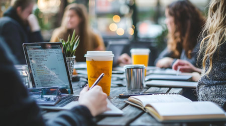 Young people sitting at a table in a cafe, drinking coffee and working on a laptopの素材