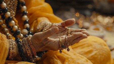 Hands of an old woman in a yellow saree with gold jewelryの素材