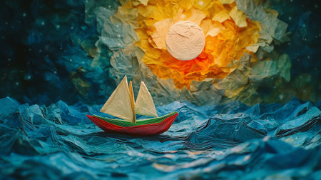 Vintage toy sailboat on the background of crumpled paperの素材