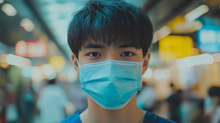 Asian boy wearing surgical mask in the city. Coronavirus (COVID-19) outbreak concept.の素材