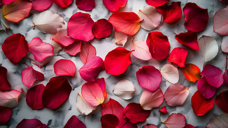 Red and pink rose petalsle background with copy space.の素材