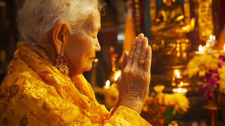 Elderly woman in a yellow robe praying at the temple.の素材