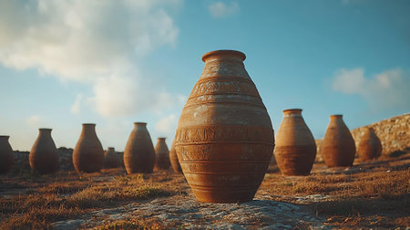 Ancient clay vases on the hillside. Vintage style toned pictureの素材