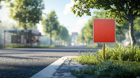 Blank red sign on the street. 3d illustration. Mockup.の素材
