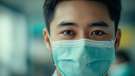 Asian man wearing surgical mask to protect against Coronavirus.の素材