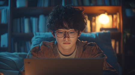 Teenage boy using laptop at night in the living room at homeの素材