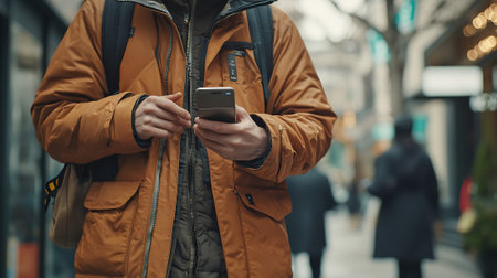 Cropped image of young man using mobile phone while walking on city streetの素材