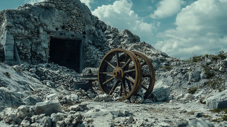 old wooden wheel on the stone in the ruins of an ancient fortressの素材