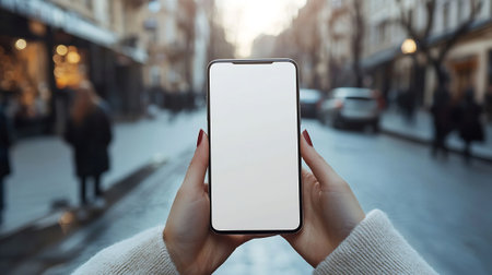 Mockup image of a female hands holding mobile phone with blank white screen on the streetの素材