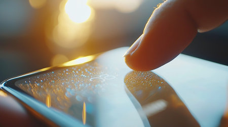 Close up of finger touching the screen of a smartphone with abstract bokeh backgroundの素材