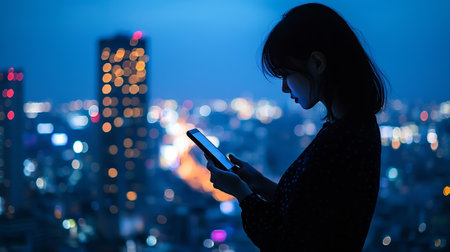 Woman using smart phone at night with cityscape background, asianの素材