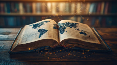 Open book with world map on wooden table against bookshelves in libraryの素材