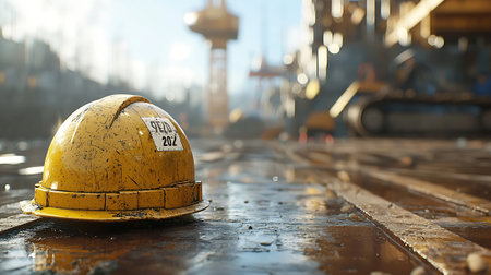 Yellow helmet on the construction site. Selective focus and shallow depth of field.の素材