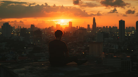Silhouette of a man meditating in the city at sunsetの素材