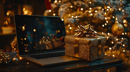 Laptop with gift box on the background of a Christmas tree.の素材
