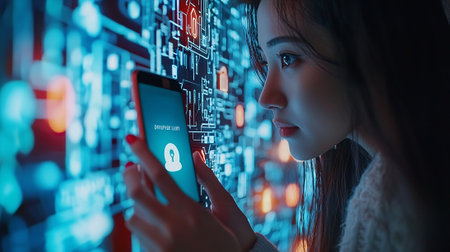 Young woman looking at the screen of a smartphone with a blue screen and binary code.の素材