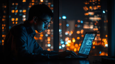 Young Asian man working on laptop computer in office at night with cityscape background.の素材