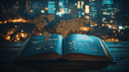 Open book with world map on wooden table over blurred night city backgroundの素材
