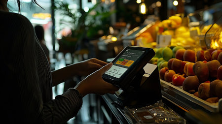 Woman using smart phone for contactless payment in supermarket, closeupの素材