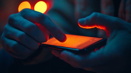 Man using mobile smart phone in dark room. Close up of male hands using smartphone.の素材