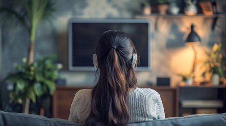 back view of asian woman listening to music with headphones at homeの素材