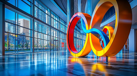 3d rendering of abstract geometric shapes in modern office building interior.の素材