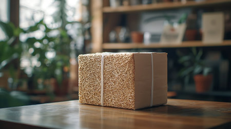 Gift box on wooden table in coffee shop. Selective focus.の素材