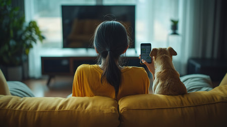 Young woman sitting on sofa with her dog and using a smartphone.の素材