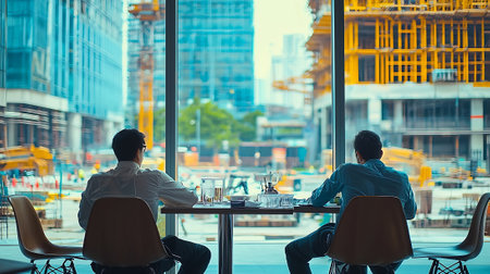 Back view of two young businessmen sitting at a table in a coffee shop.の素材