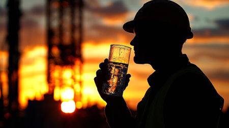 Silhouette of a man drinking beer on the background of oil refinery.の素材