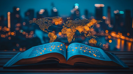 Open book with world map on blurry night city background. World book day conceptの素材
