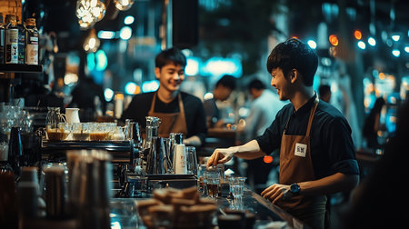 Unidentified male barista is making a cocktail at night.の素材