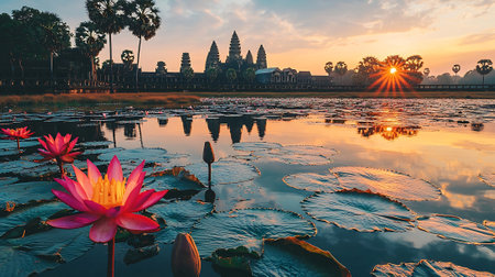 Angkor Wat, Siem Reap, Cambodia. Panoramic view of Angkor Wat at sunrise.の素材