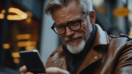 Portrait of stylish senior man in eyeglasses using mobile phone outdoorsの素材