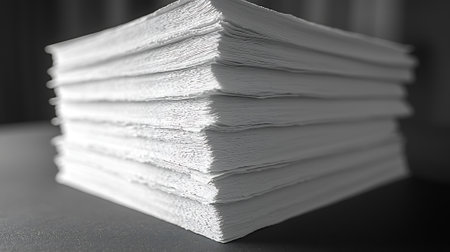 Stack of white paper sheets on black table. Close-up.の素材