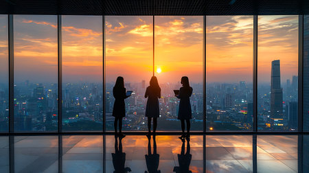 Silhouette of business people standing in modern office with panoramic window and city view.の素材