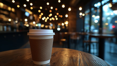 Paper cup of coffee on wooden table in coffee shop, blur backgroundの素材