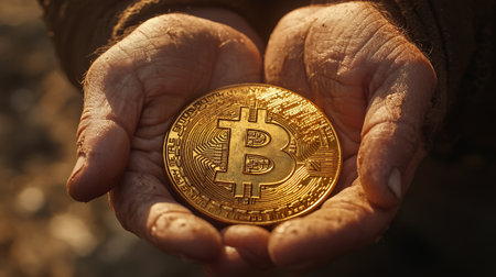 Golden bitcoin in the hands of a man. Close-up.の素材