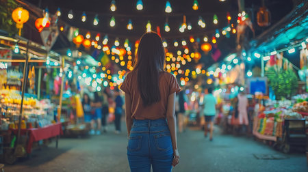 Rear view of young woman standing at night market in Bangkok, Thailandの素材
