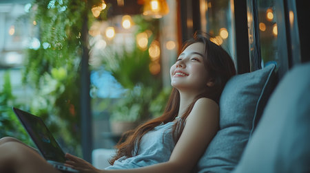 Beautiful asian woman using laptop sitting on sofa in coffee shop.の素材