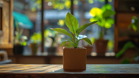 Small plant in a brown pot on a wooden table in a cafeの素材